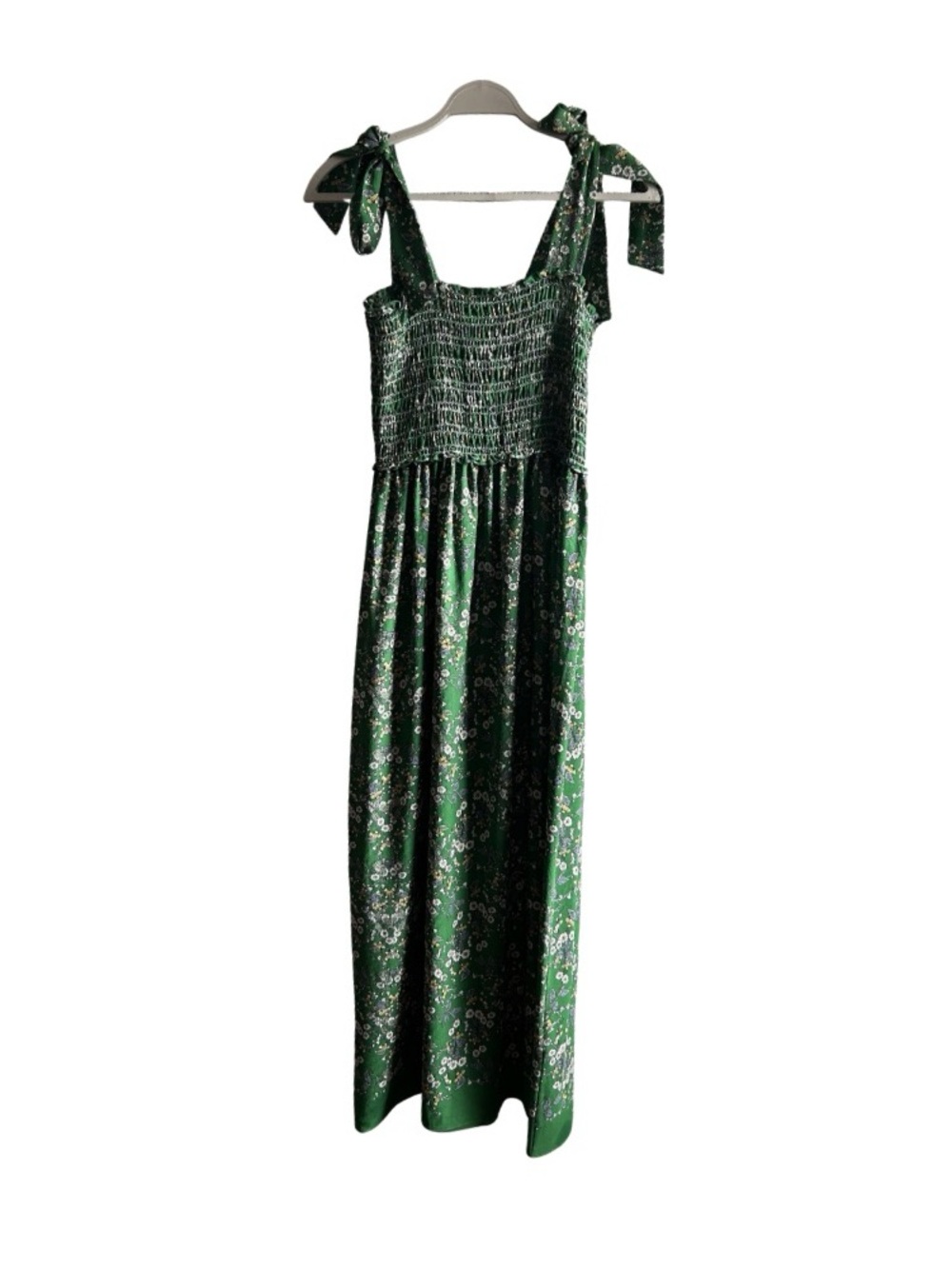 Green Floral Smocked Midi Dress with Tie Straps